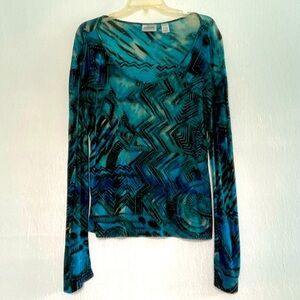 Chico Blue Abstract Geometric Long Sleeve Semi Sheer Stretch Top Black 1 M
